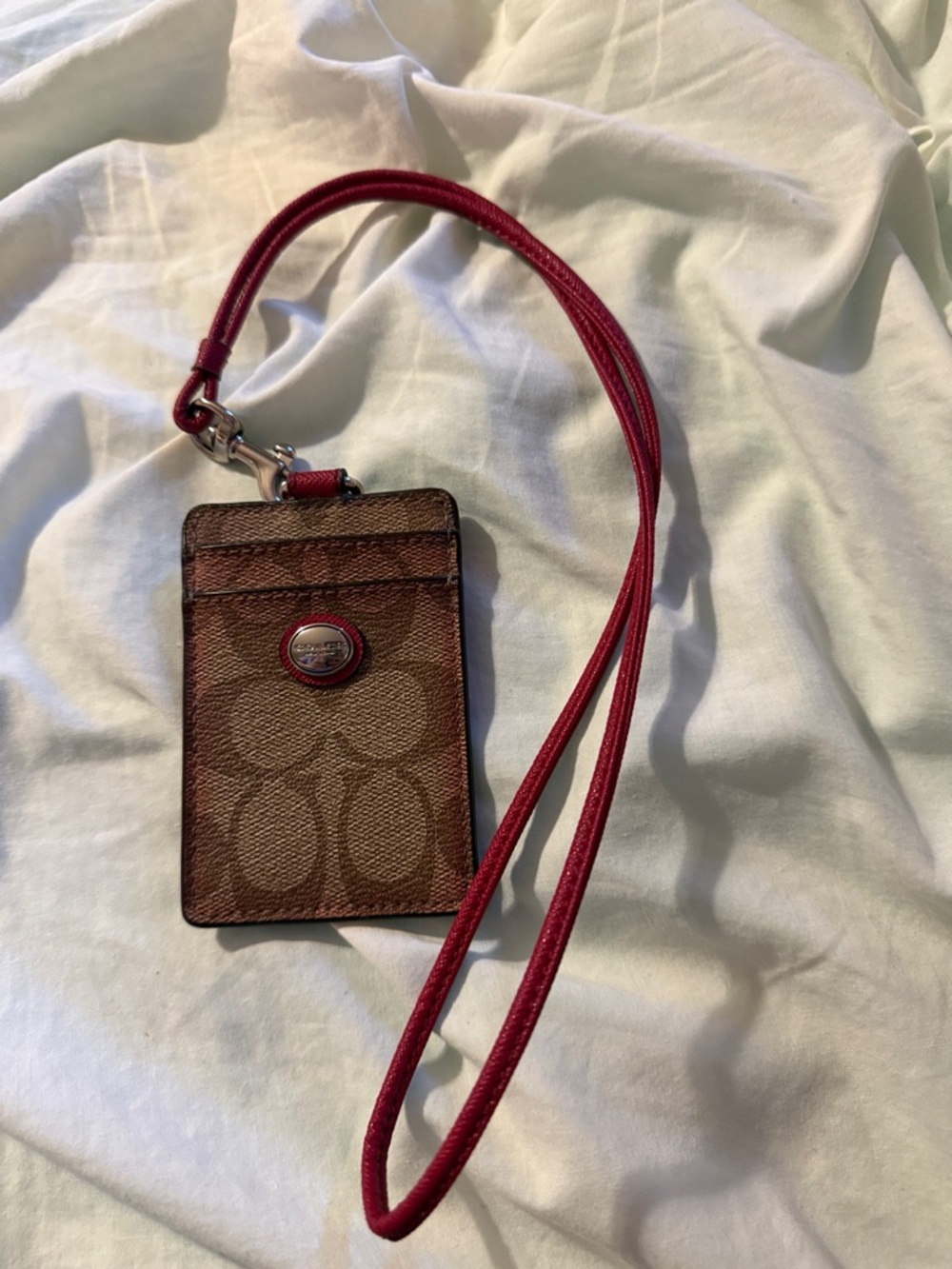 Coach Brown Signature Card Holder with Red Strap